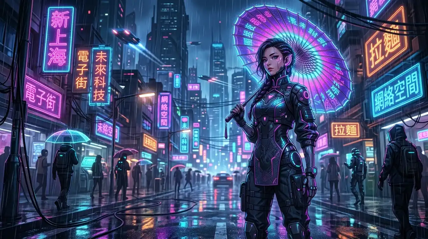Seedance 2.5 AI 短剧制作案例使用的站内赛博国风成年女性角色图片结果